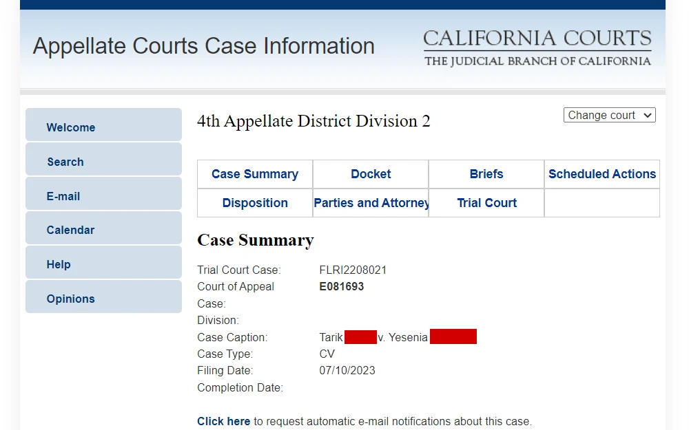 A screenshot of the appellate case lookup tool that can be browsed by party, attorney, case caption (such as Henry vs. Johnson), or case number.