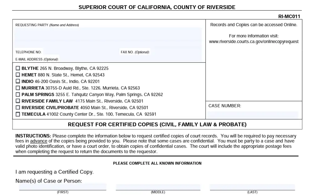 A screenshot of the form used to obtain certified copies, such as divorce documentation.