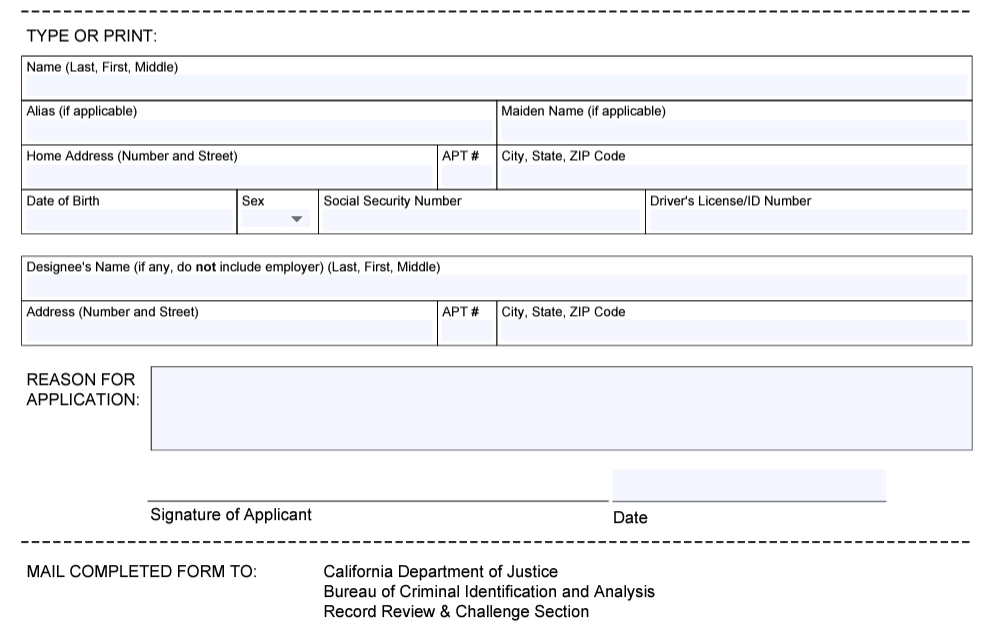 A screenshot of the Criminal History Report Application form used to obtain the user's criminal data.