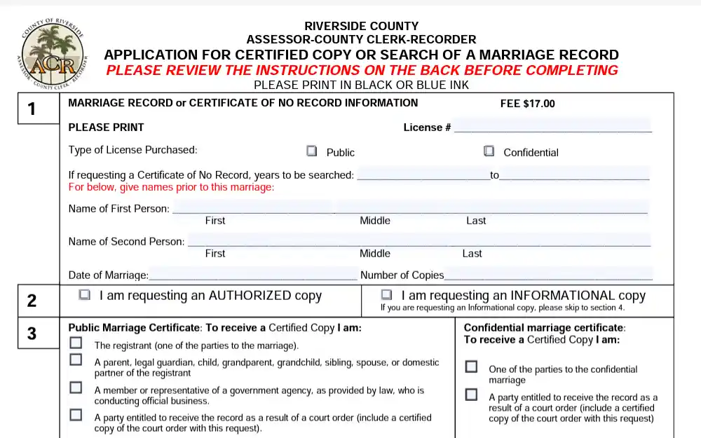 A screenshot of the form used to obtain marriage document in Riverside County.