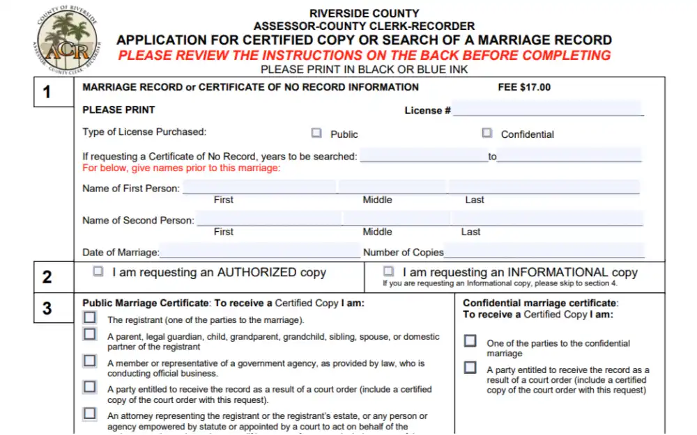 A screenshot of an application for a certified copy or search of a marriage record from the Riverside Assessor County Clerk Recorder website that requires some information such as type of license purchased, name of the first and second person and date of marriage.
