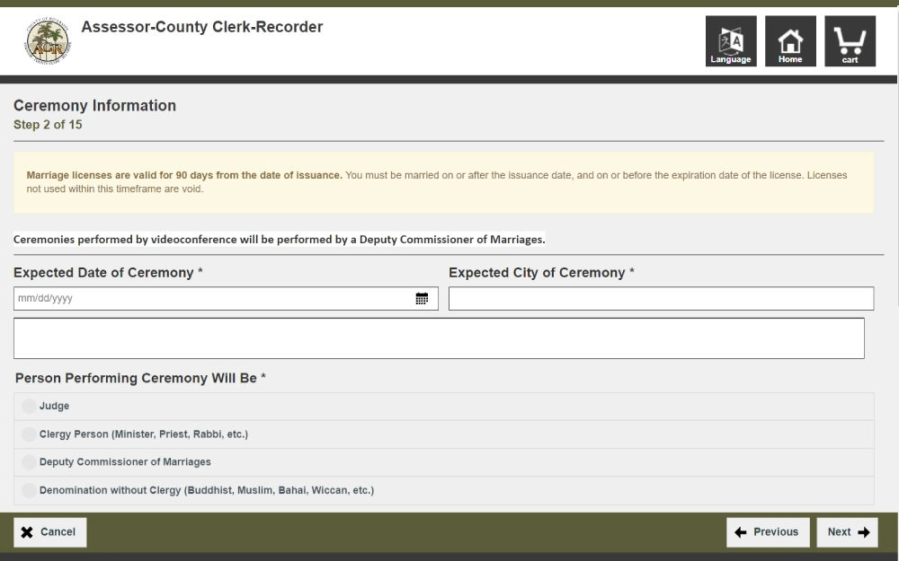 A screenshot of a marriage license form from the Riverside Assessor County Clerk Recorder that requires some information such as ceremony details which are the expected date and city of ceremony and the person performing ceremony.