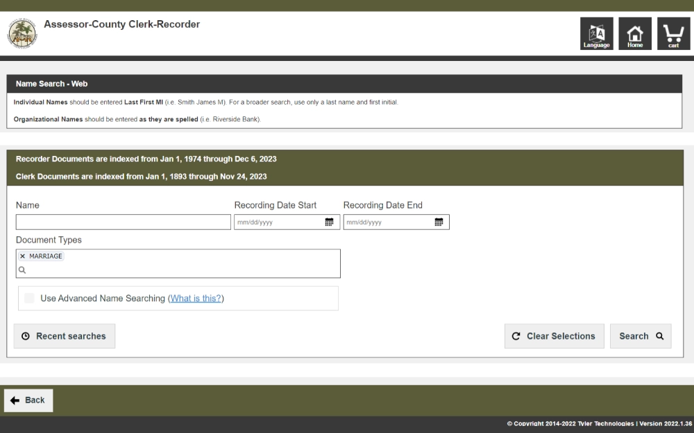 A screenshot of a document web search tool by name from the Riverside Assessor County Clerk Recorder with other search criteria such as recording date start and end, and the document type.