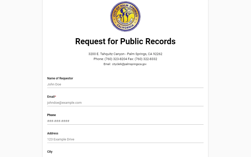 Screenshot of the first part of the online request form showing the logo and address of Palm Springs city and fields for the requestor's name, email, and address.