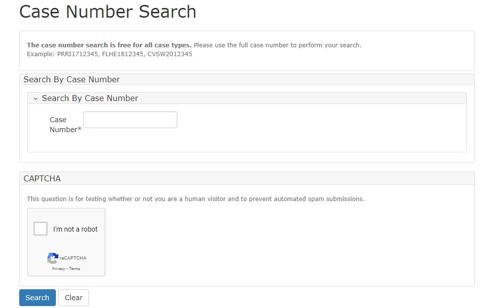 Screenshot of the search by case number tool displaying a short instruction note and a required field for the case number.