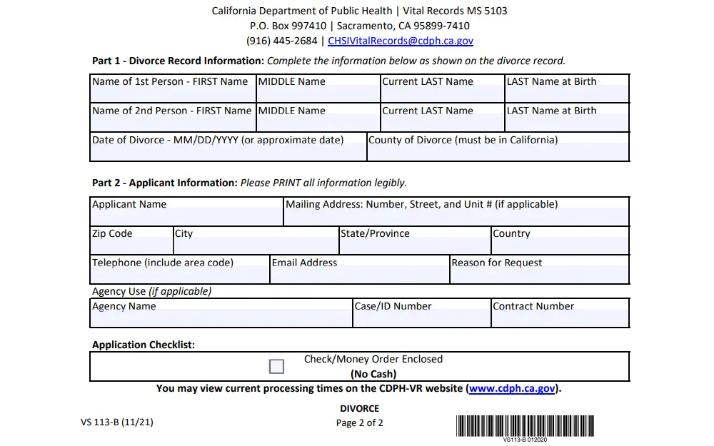 Screenshot of the divorce record application form from the department of public health of California showing the three parts namely the divorce record information, applicant information, and application checklist.