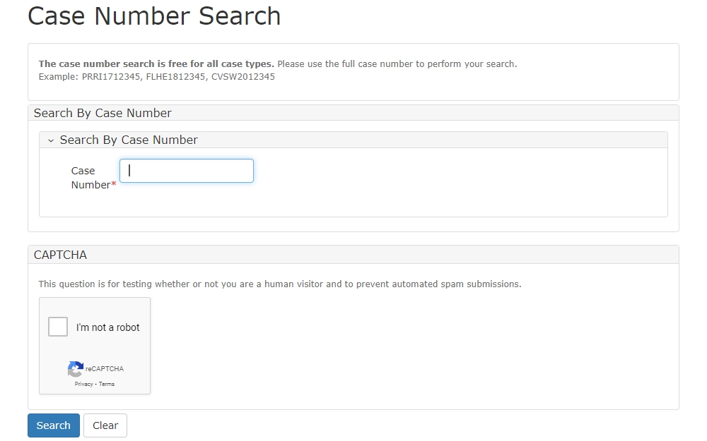 Screenshot from the public access portal of the superior court showing the case number search with a field for the case number and a short note.