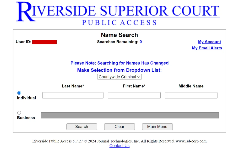 A screenshot from the Riverside County Superior Court featuring a court's public access system for name searches, showing options to search for individuals or businesses and fields to enter a last name, first name, and middle name.