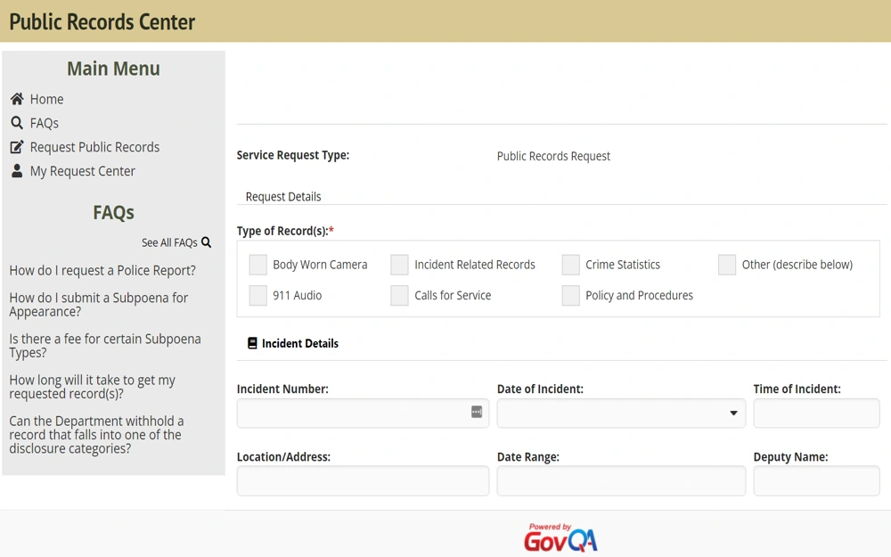 A screenshot from the Riverside County Sheriff’s Department detailing an online service portal titled "Public Records Center," featuring a form for submitting various types of public record requests, such as body-worn camera footage and incident reports, with sections for incident details and location information.