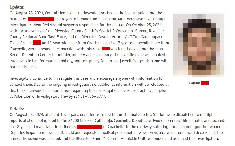 A screenshot of an article from the Riverside County Sheriff's Department about the arrest of two suspects in a homicide case displays the details of the event as well as the mugshot of the legally adult suspect.