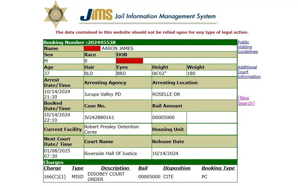 A screenshot from the Riverside County Sheriff's Department shows an inmate's details, including his booking number, name, sex, race, birth date, age, hair and eye color, height, weight, arrest and booking details, case number, bail amount, facility, court details, and charges.