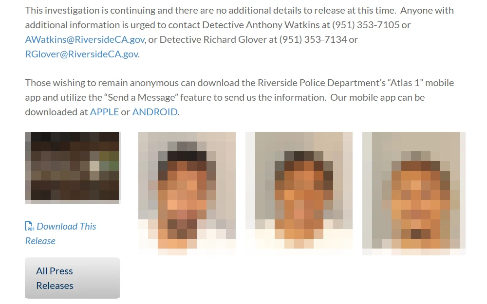 A screenshot of a news article from the Riverside Police Department about the arrest of three suspects for armed robbery displays information on how to contact authorities and where to send tips, along with photos of the suspects.